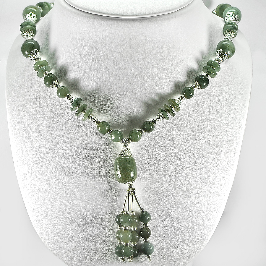 440.97 Ct. Nice Natural Green Jade Bead Nickel Necklace Length 16 Inch.