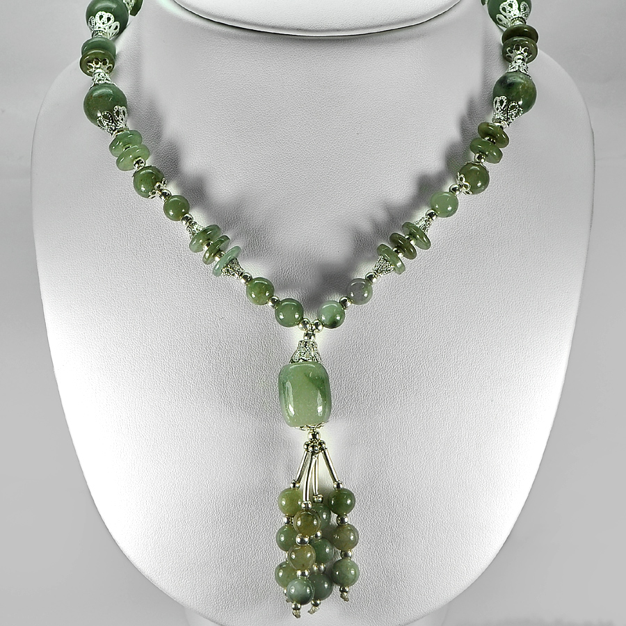 456.49 Ct. Nice Natural Green Jade Bead Nickel Necklace Length 16 Inch.