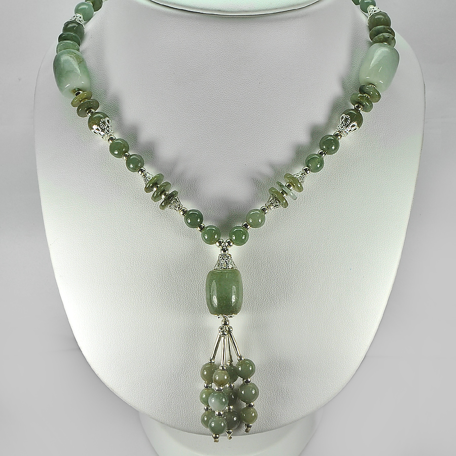 Lovely 485.26 Ct. Natural Green Color Jade Bead Nickel Necklace Length 16 Inch.