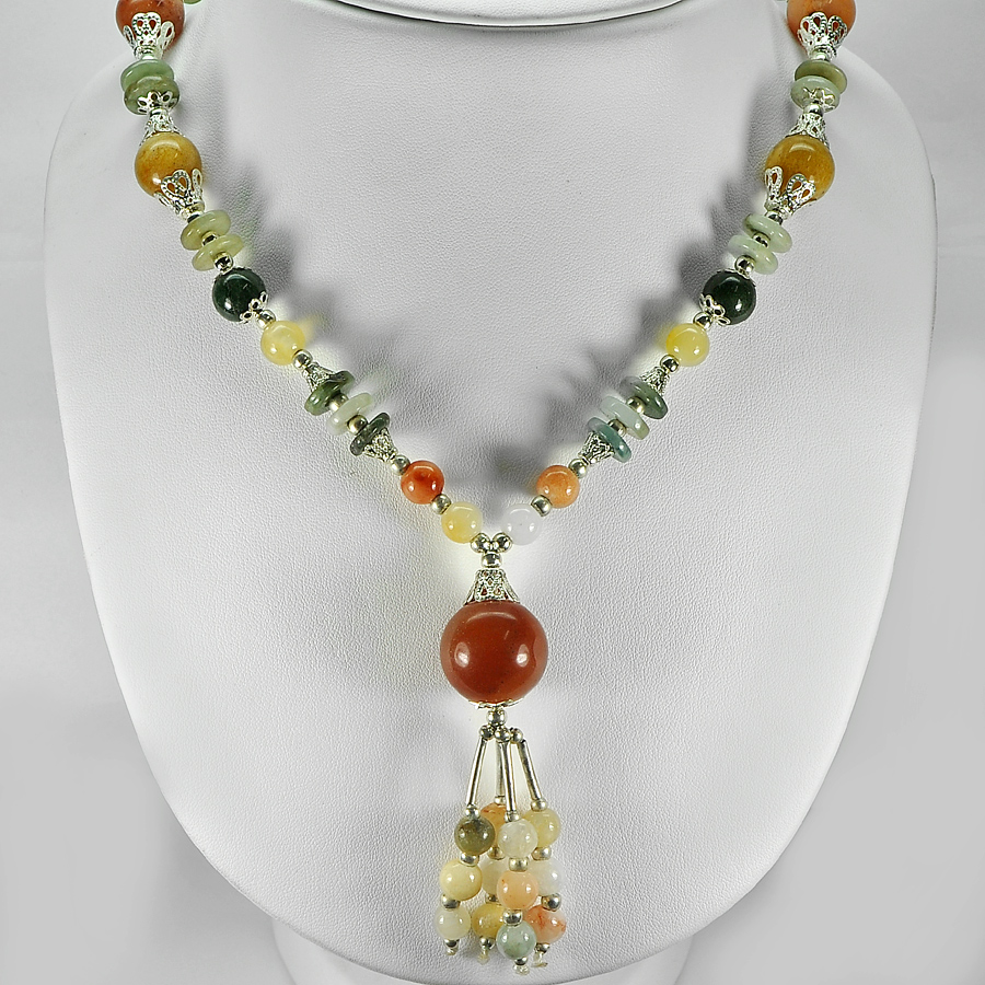Good 397.28 Ct. Natural Multi-Color Jade Bead Nickel Necklace Length 16 Inch.
