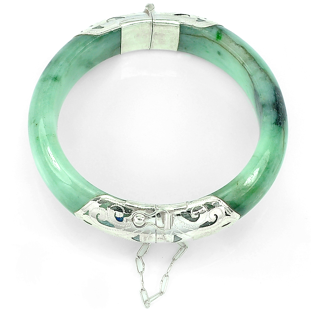 330.10 Ct. 70 x 56 x 15 Mm. Natural Green Jade Bangle 70x56x15 Mm. with Silver