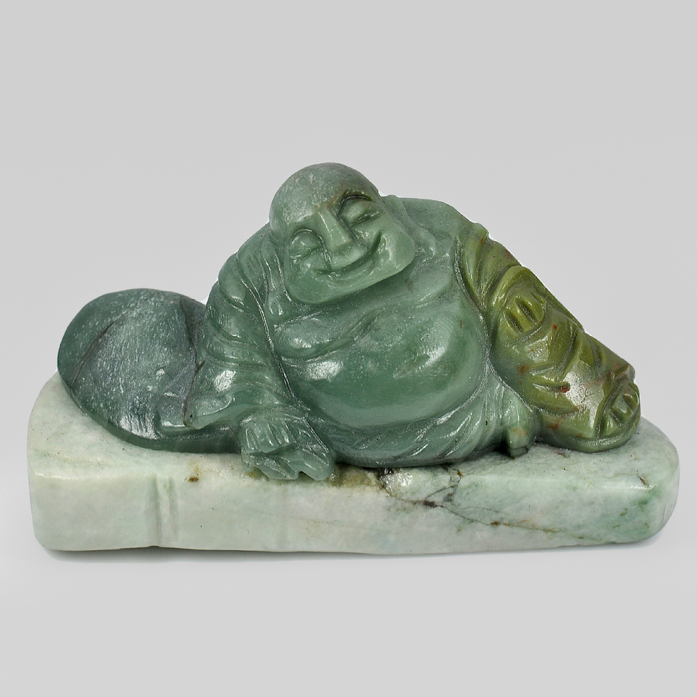 Green White Jade Happy Smile Buddha Carving 800 Ct. Natural Gemstone Unheated