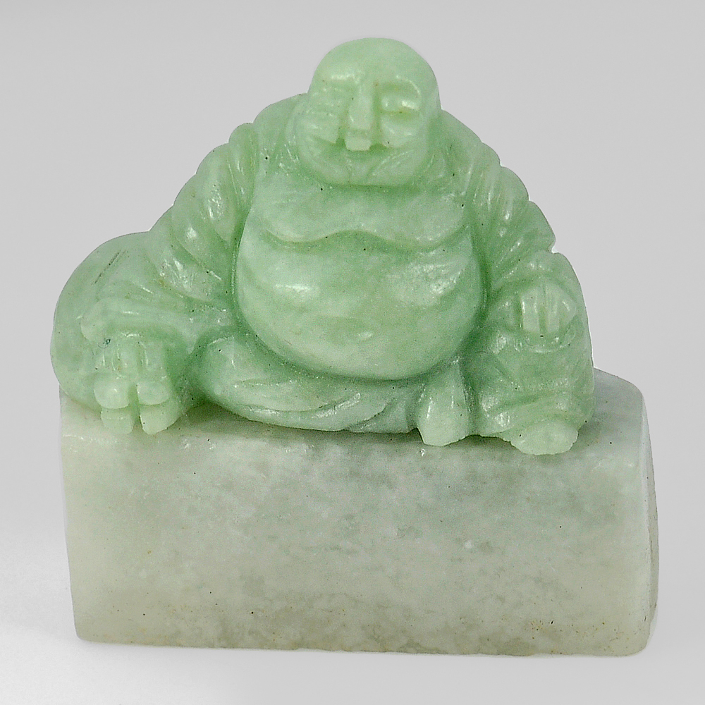 Green White Jade Happy Smile Buddha Carving 210.92 Ct. Natural Gemstone Unheated