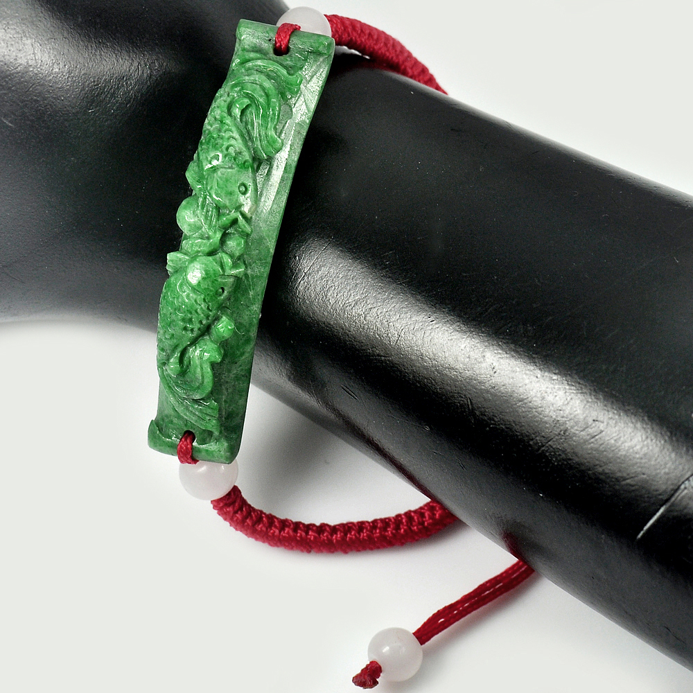 Green Jade Fish Carving Bracelet Adjustable 10 Inch. 59.89 Ct. Natural Gemstone