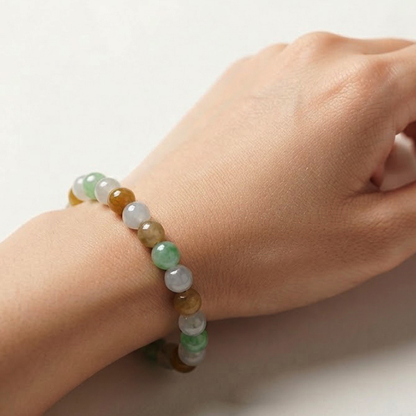 Natural Multi-Color Type A Jade Gemstones 88.44 Ct. Beads Round Cabochon Shape Flexibility Bracelet