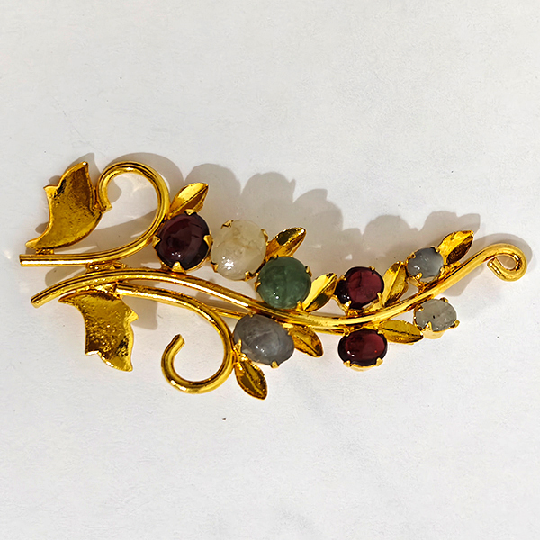 Natural Multi Color Mixed Gemstones 5.26 Grams Jewelry Brooch Yellow Gold Plated 55 x 28 Mm.