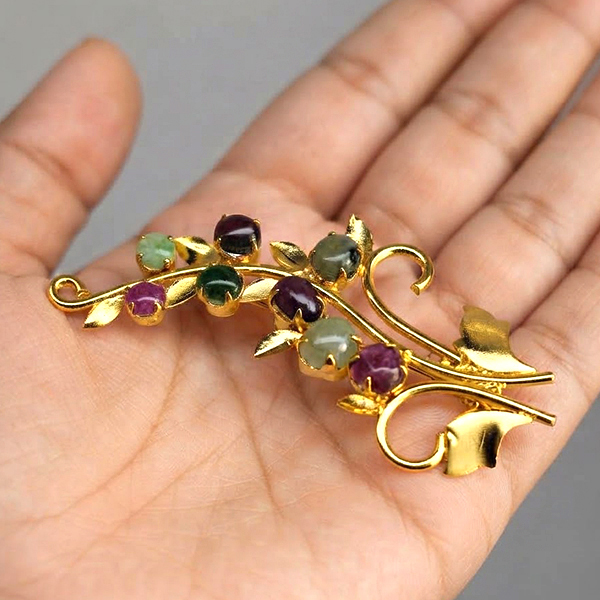 Natural Multi Color Mixed Gemstones 3.87 Grams Jewelry Brooch Yellow Gold Plated 55 x 28 Mm.