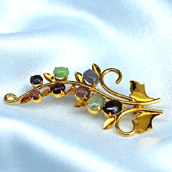 Natural Multi Color Mixed Gemstones 5.22 Grams Jewelry Brooch Yellow Gold Plated 55 x 28 Mm.