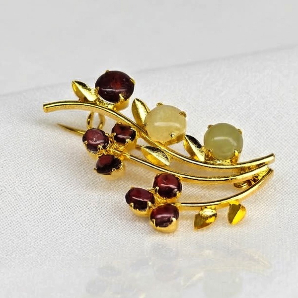 Natural Multi Color Mixed Gemstones 4.13 Grams Jewelry Brooch Yellow Gold Plated 40 x 30 Mm.