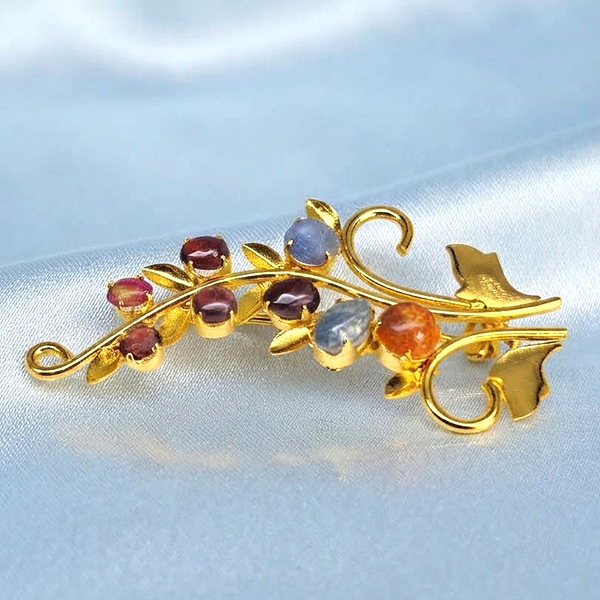Natural Multi Color Mixed Gemstones 5.39 Grams Jewelry Brooch Yellow Gold Plated 56 x 36 Mm.