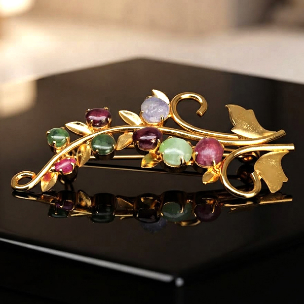 Natural Multi Color Mixed Gemstones 5.36 Grams Jewelry Brooch Yellow Gold Plated 56 x 36 Mm.