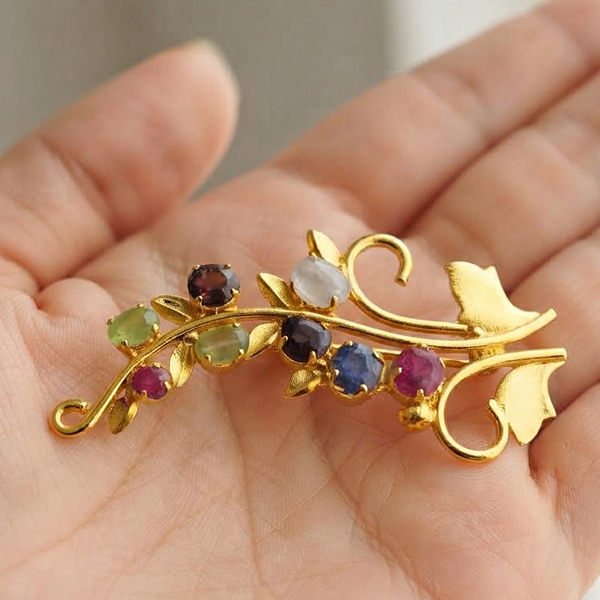 Natural Multi Color Mixed Gemstones 5.30 Grams Jewelry Brooch Yellow Gold Plated 56 x 36 Mm.