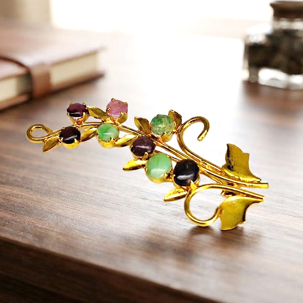 Natural Multi Color Mixed Gemstones 4.95 Grams Jewelry Brooch Yellow Gold Plated 56 x 36 Mm.