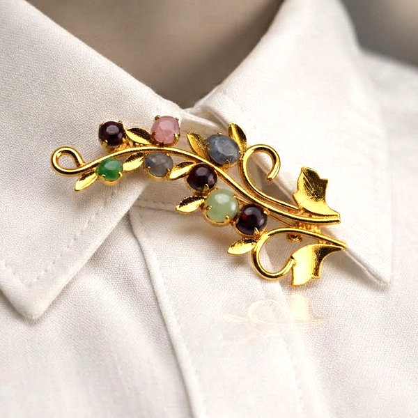 Natural Multi Color Mixed Gemstones 4.57 Grams Jewelry Brooch Yellow Gold Plated 56 x 36 Mm.