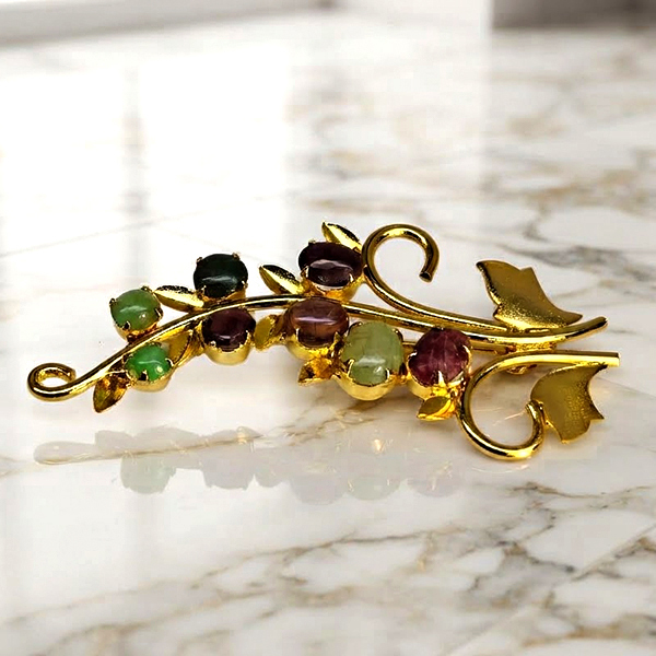 Natural Multi Color Mixed Gemstones 5.28 Grams Jewelry Brooch Yellow Gold Plated 56 x 36 Mm.