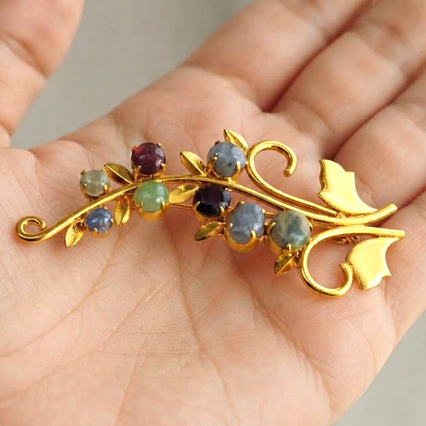 Natural Multi Color Mixed Gemstones 5.30 Grams Jewelry Brooch Yellow Gold Plated 56 x 36 Mm.