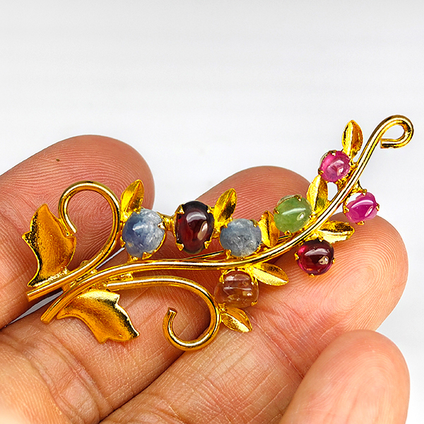 Natural Multi Color Mixed Gemstones 5.55 Grams Jewelry Brooch Yellow Gold Plated 55 x 28 Mm.