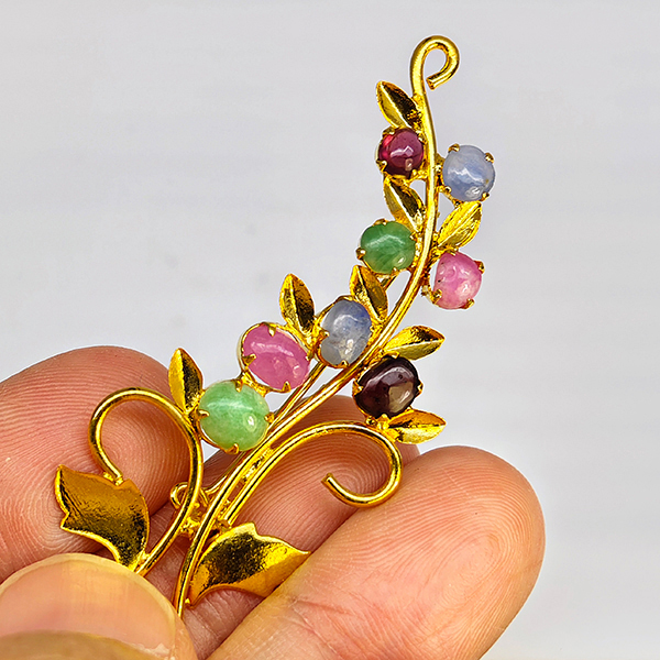 Natural Multi Color Mixed Gemstones 4.35 Grams Jewelry Brooch Yellow Gold Plated 55 x 28 Mm.