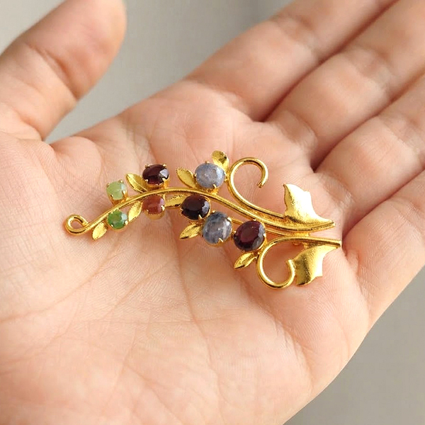 Natural Multi Color Mixed Gemstones 5.43 Grams Jewelry Brooch Yellow Gold Plated 55 x 28 Mm.