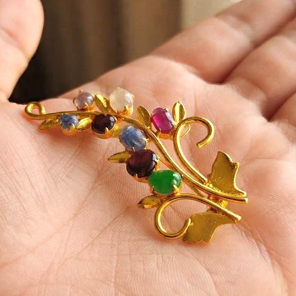 Natural Multi Color Mixed Gemstones 5.19 Grams Jewelry Brooch Yellow Gold Plated 55 x 28 Mm.