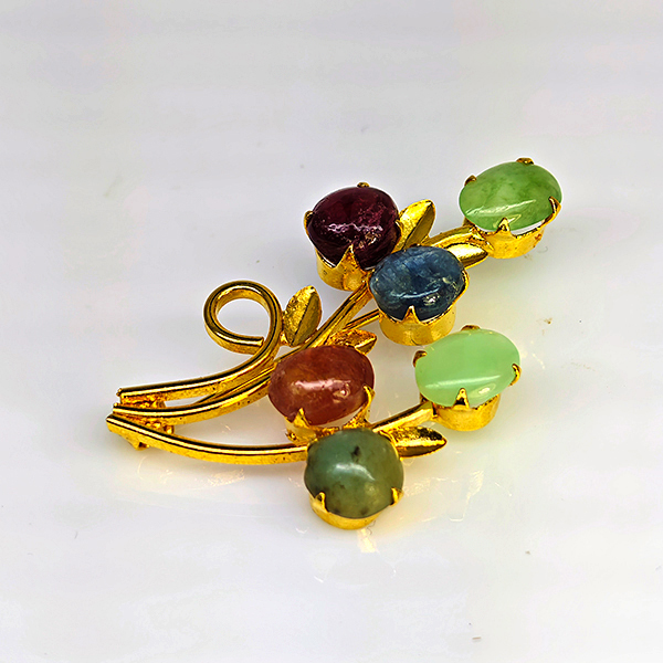 Natural Multi Color Mixed Gemstones 5.30 Grams Jewelry Brooch Yellow Gold Plated 39 x 24 Mm.