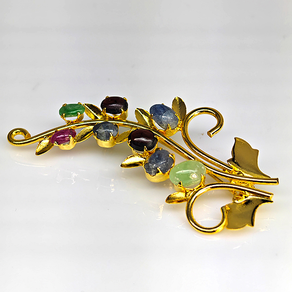 Natural Multi Color Mixed Gemstones 5.15 Grams Jewelry Brooch Yellow Gold Plated 55 x 28 Mm.