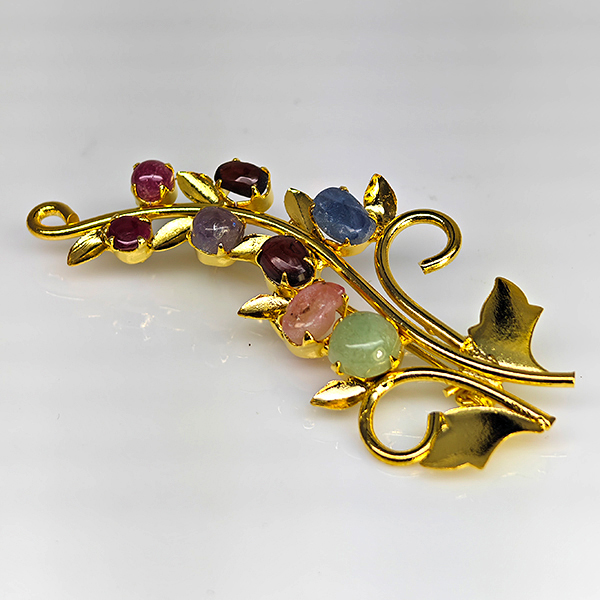 Natural Multi Color Mixed Gemstones 5.31 Grams Jewelry Brooch Yellow Gold Plated 55 x 28 Mm.