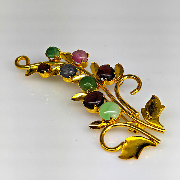 Natural Multi Color Mixed Gemstones 4.84 Grams Jewelry Brooch Yellow Gold Plated 55 x 28 Mm.