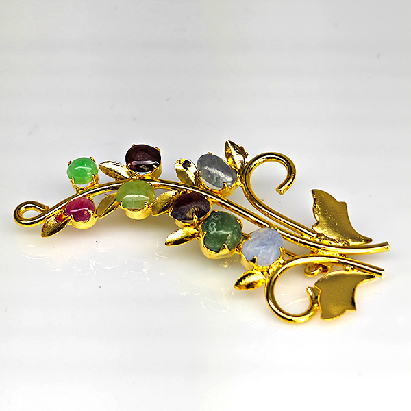 Natural Multi Color Mixed Gemstones 5.30 Grams Jewelry Brooch Yellow Gold Plated 55 x 28 Mm.