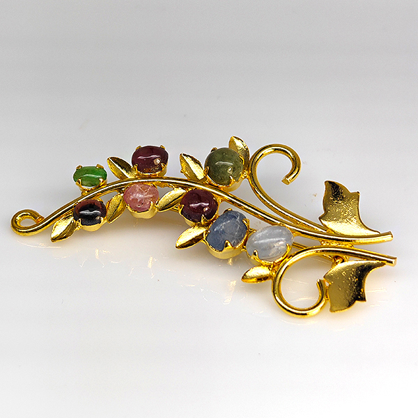Natural Multi Color Mixed Gemstones 5.39 Grams Jewelry Brooch Yellow Gold Plated 52 x 32 Mm.
