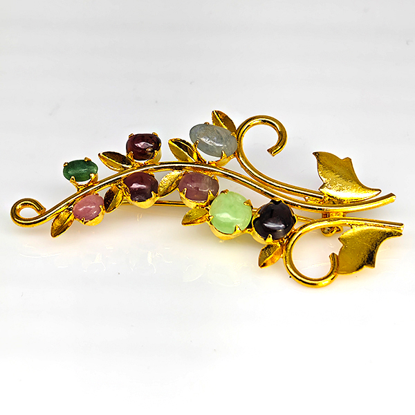 Natural Multi Color Mixed Gemstones 5.09 Grams Jewelry Brooch Yellow Gold Plated 56 x 30 Mm.