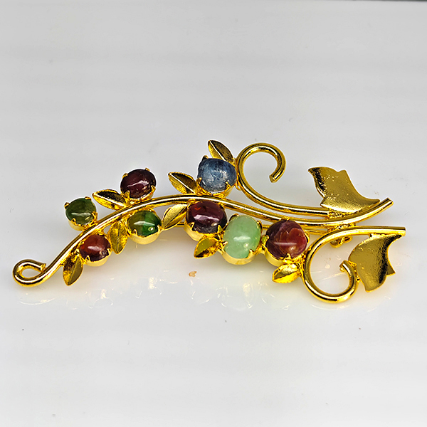 Natural Multi Color Mixed Gemstones 5.43 Grams Jewelry Brooch Yellow Gold Plated 56 x 30 Mm.