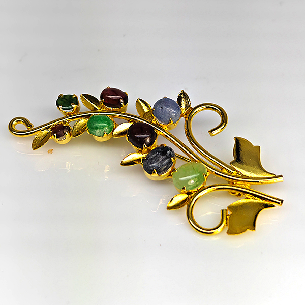Natural Multi Color Mixed Gemstones 5.19 Grams Jewelry Brooch Yellow Gold Plated 58 x 30 Mm.