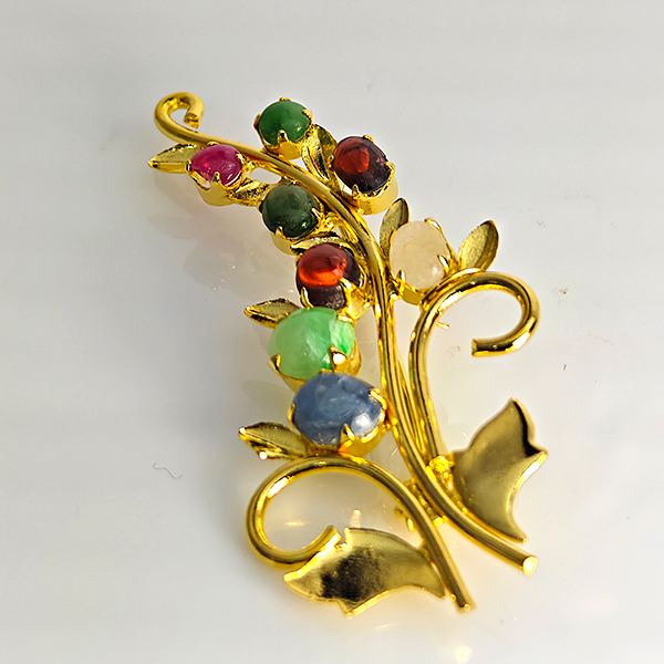 Natural Multi Color Mixed Gemstones 5.14 Grams Jewelry Brooch Yellow Gold Plated 60 x 28 Mm.