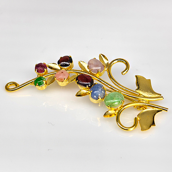 Natural Multi Color Mixed Gemstones 4.90 Grams Jewelry Brooch Yellow Gold Plated 56 x 30 Mm.