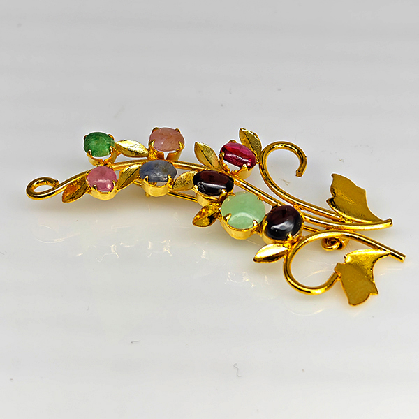 Natural Multi Color Mixed Gemstones 4.26 Grams Jewelry Brooch Yellow Gold Plated 56 x 30 Mm.