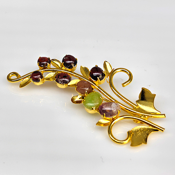 Natural Multi Color Mixed Gemstones 5.28 Grams Jewelry Brooch Yellow Gold Plated 56 x 30 Mm.
